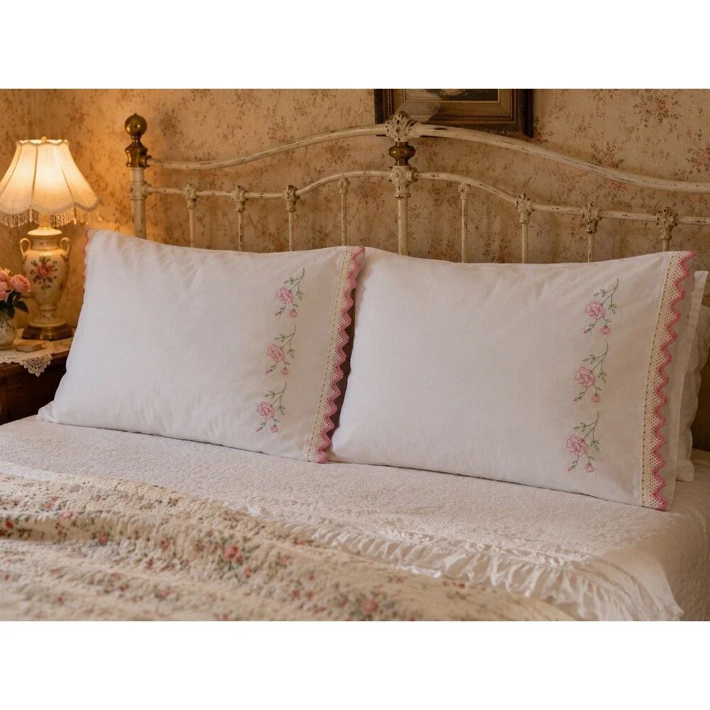 Vintage Pink Rose Embroidered Pillowcases Pair Crochet Lace Percale Cottage Set